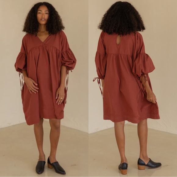 Gracemade Miriam Organic Cotton Knee Length Puff Sleeve Dress NWT Red Clay - Picture 2 of 6